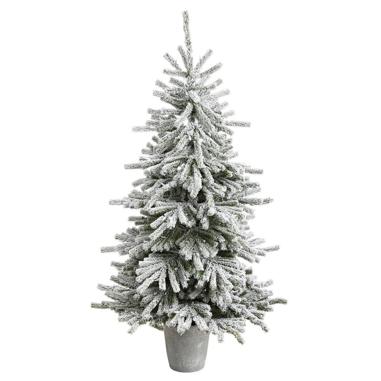 6’ Flocked Long Vermont Pine Tree with 758 Branches and 250 LED Lights in Decorative Planter-Parc Decor