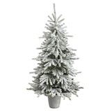 6’ Flocked Long Vermont Pine Tree with 758 Branches and 250 LED Lights in Decorative Planter-Parc Decor