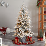 6’ Flocked Long Vermont Pine Tree with 758 Branches and 250 LED Lights in Decorative Planter-Parc Decor