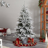 6’ Flocked Long Vermont Pine Tree with 758 Branches and 250 LED Lights in Decorative Planter-Parc Decor