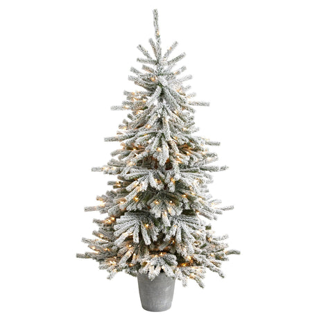 6’ Flocked Long Vermont Pine Tree with 758 Branches and 250 LED Lights in Decorative Planter-Parc Decor