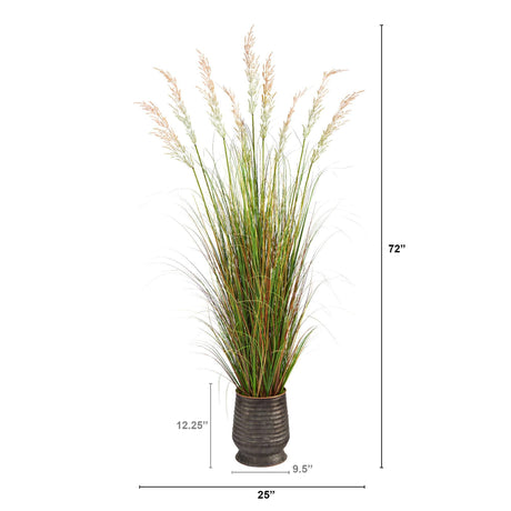 6’ Grass Artificial Plant in Ribbed Metal Planter-Parc Decor
