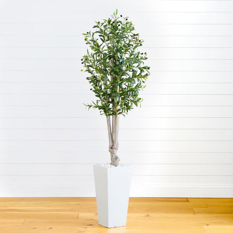6' Olive Artificial Tree in White Tower Planter-Parc Decor
