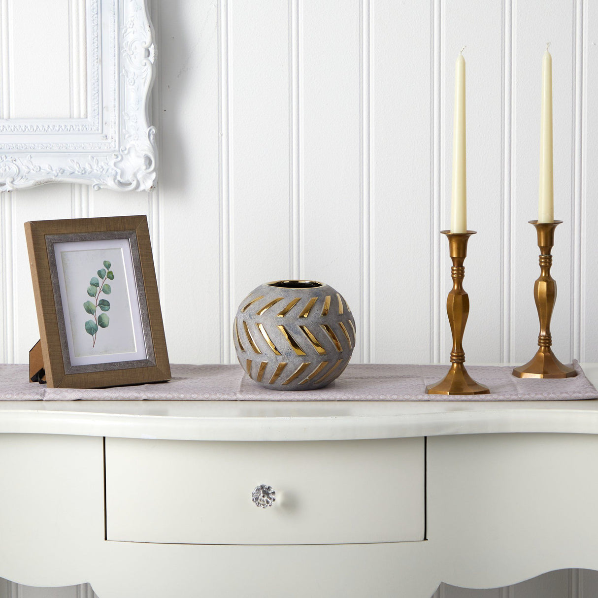 6” Regal Round Stone Vase with Gold Accents-Parc Decor