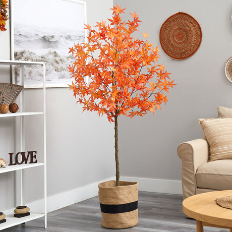 6' Artificial Autumn Maple Tree with Handmade Jute & Cotton Basket-Plant in Planter-Parc Decor
