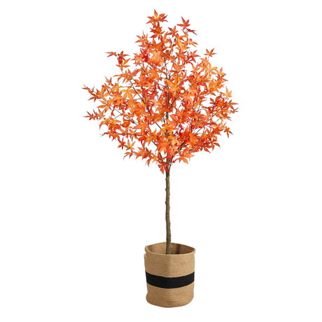 6' Artificial Autumn Maple Tree with Handmade Jute & Cotton Basket-Plant in Planter-Parc Decor