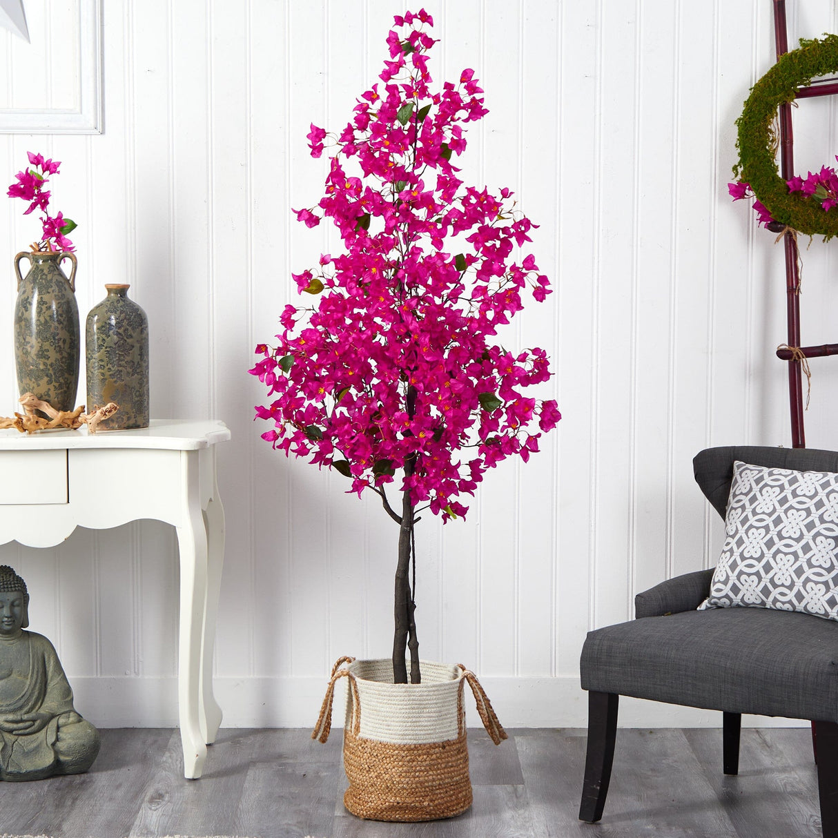 6’ Artificial Bougainvillea Tree with Handmade Jute & Cotton Basket-Plant in Planter-Parc Decor