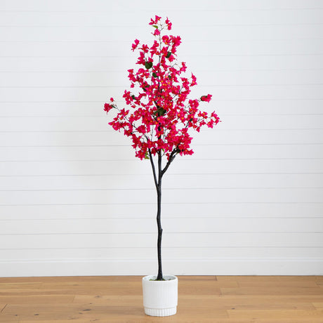 6’ Artificial Bougainvillea Tree with White Decorative Planter-Tree-Parc Decor
