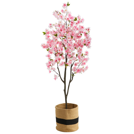 6’ Artificial Cherry Blossom Tree with Handmade Jute & Cotton Basket-Plant in Planter-Parc Decor