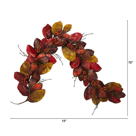 6’ Autumn Magnolia Leaf with Berries Artificial Garland-Garland-Parc Decor