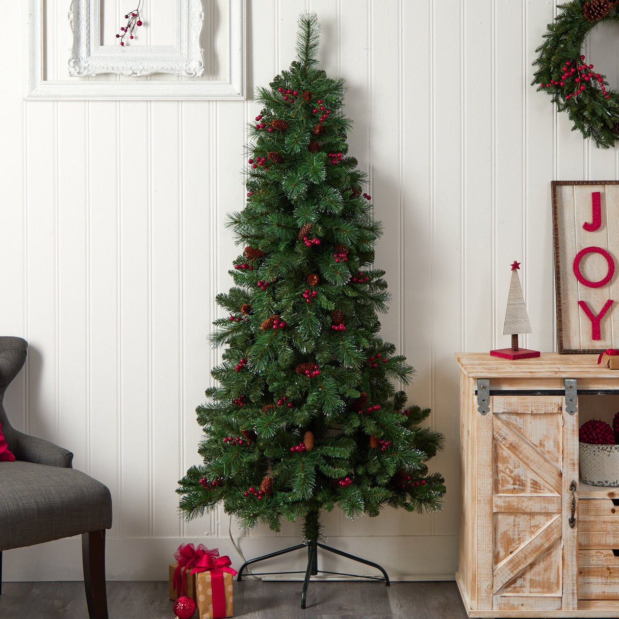 6’ Flat Back Montreal Mountain Artificial Christmas Tree with Pine Cones and Berries-Christmas Tree-Parc Decor