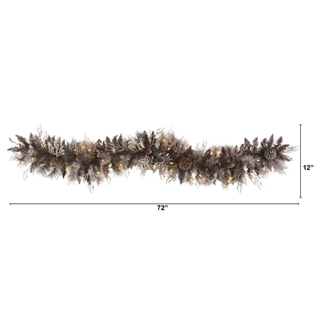 6' Flocked Artificial Christmas Garland with 50 White Warm LED Lights and Pine Cones-Garland-Parc Decor