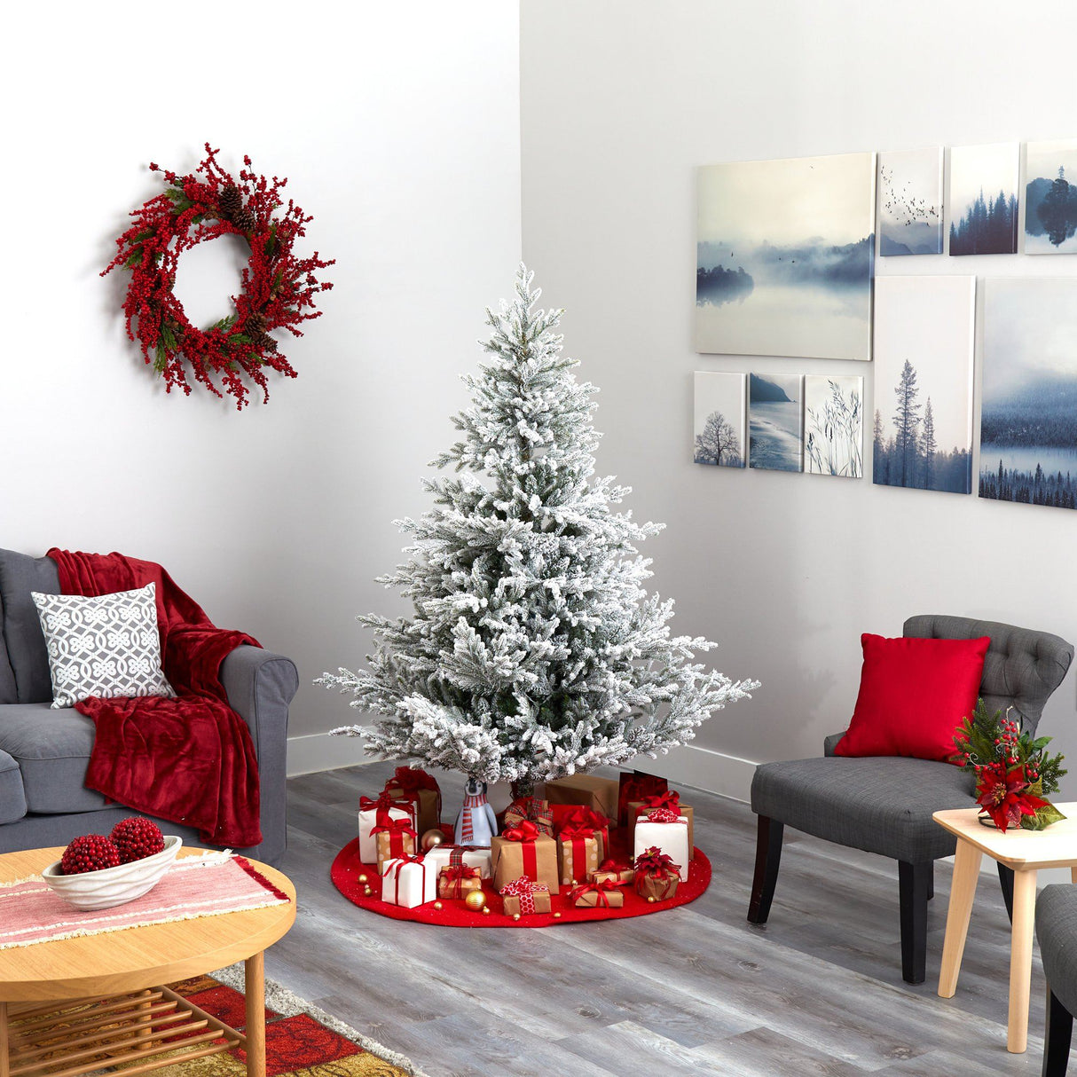 6’ Flocked Fraser Fir Artificial Christmas Tree with 500 Warm White Lights and 236 Bendable Branches-Christmas Tree-Parc Decor