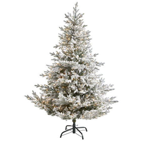 6’ Flocked Fraser Fir Artificial Christmas Tree with 500 Warm White Lights and 236 Bendable Branches-Christmas Tree-Parc Decor