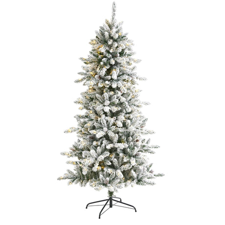 6’ Flocked Livingston Fir Artificial Christmas Tree with Pine Cones and 300 Clear Warm LED Lights-Christmas Tree-Parc Decor