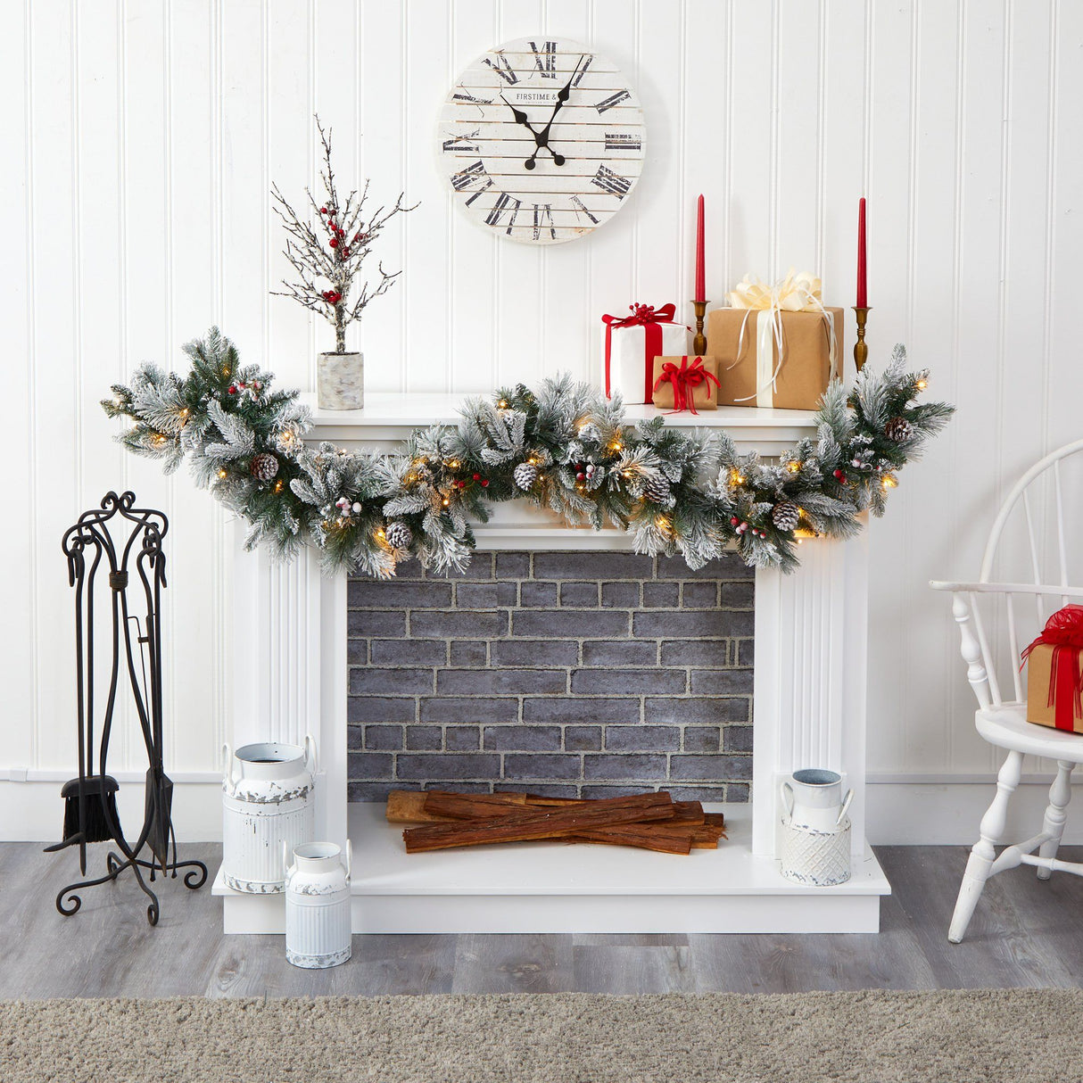 6’ Flocked Mixed Pine Artificial Christmas Garland with 50 LED Lights, Pine Cones and Berries-Garland-Parc Decor