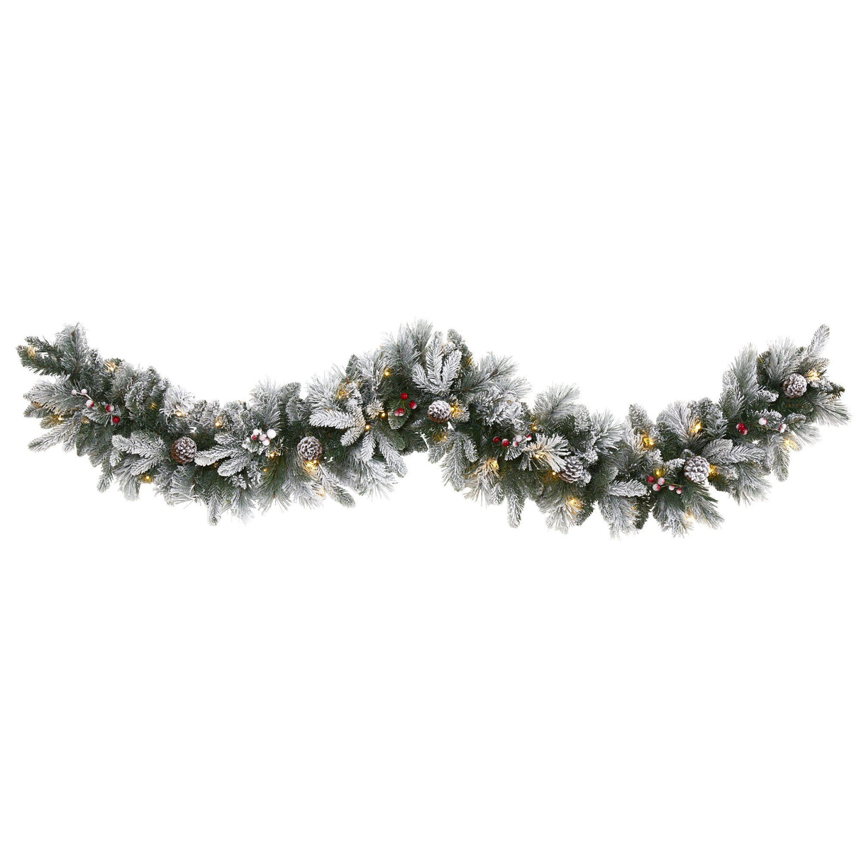 6’ Flocked Mixed Pine Artificial Christmas Garland with 50 LED Lights, Pine Cones and Berries-Garland-Parc Decor