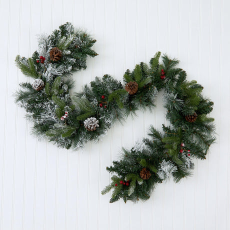 6’ Flocked Mixed Pine Artificial Christmas Garland with 50 LED Lights, Pine Cones and Berries-Garland-Parc Decor