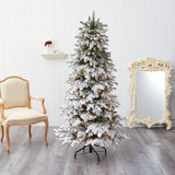 6’ Flocked North Carolina Fir Artificial Christmas Tree with 450 Warm White Lights and 1560 Bendable Branches-Christmas Tree-Parc Decor