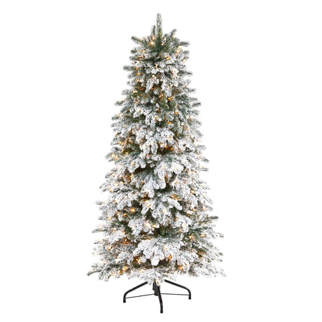 6’ Flocked North Carolina Fir Artificial Christmas Tree with 450 Warm White Lights and 1560 Bendable Branches-Christmas Tree-Parc Decor