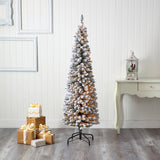 6’ Flocked Pencil Artificial Christmas Tree with 300 Clear Lights and 438 Bendable Branches-Christmas Tree-Parc Decor