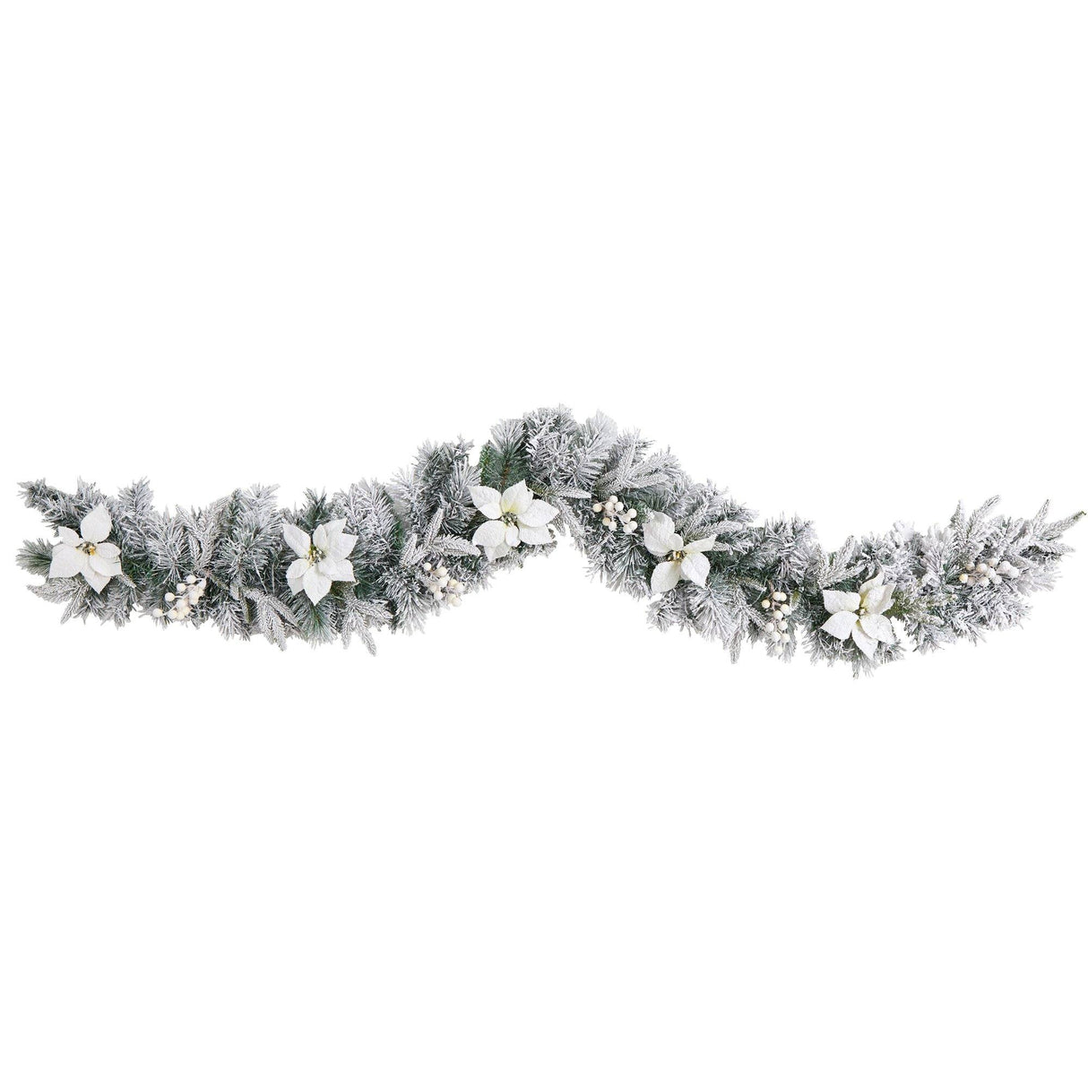 6’ Flocked Poinsettia and Berry Artificial Christmas Garland with 50 Warm White LED Lights-Garland-Parc Decor