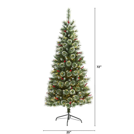 6’ Frosted Swiss Pine Artificial Christmas Tree with 300 Clear LED Lights and Berries-Christmas Tree-Parc Decor