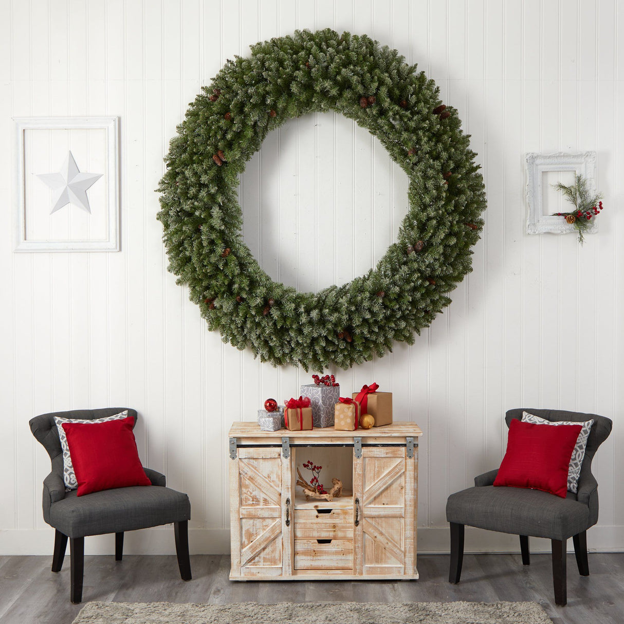 6’ Giant Flocked Christmas Wreath with Pinecones, 400 Clear LED Lights and 920 Bendable Branches-Wreath-Parc Decor