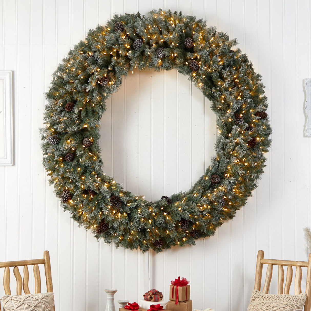 6’ Giant Flocked Christmas Wreath with Pinecones, 600 Clear LED Lights and 1000 Bendable Branches-Wreath-Parc Decor