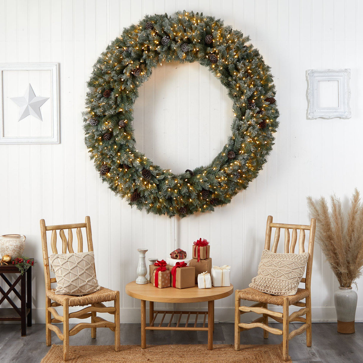 6’ Giant Flocked Christmas Wreath with Pinecones, 600 Clear LED Lights and 1000 Bendable Branches-Wreath-Parc Decor