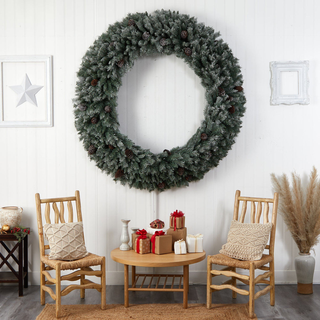 6’ Giant Flocked Christmas Wreath with Pinecones, 600 Clear LED Lights and 1000 Bendable Branches-Wreath-Parc Decor