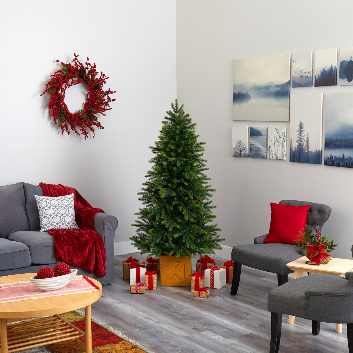 6' Manchester Fir Artificial Christmas Tree in Decorative Planter with 350 Clear Warm (Multifunction) LED Lights and 504 Bendable Branches-Christmas Tree-Parc Decor