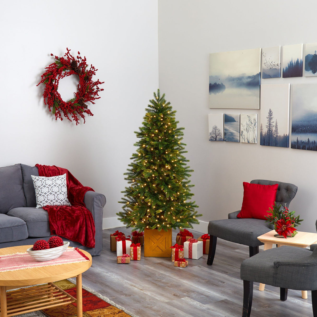 6' Manchester Fir Artificial Christmas Tree in Decorative Planter with 350 Clear Warm (Multifunction) LED Lights and 504 Bendable Branches-Christmas Tree-Parc Decor