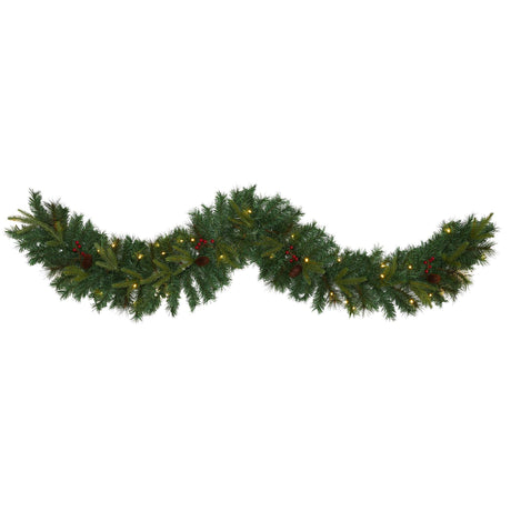 6’ Mixed Pine Artificial Christmas Garland with 35 Clear LED Lights, Berries and Pinecones-Garland-Parc Decor