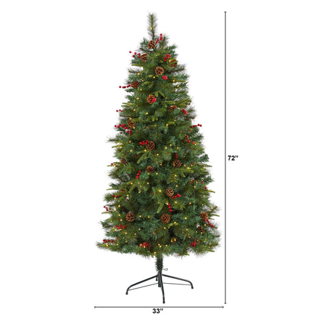 6’ Mixed Pine Artificial Christmas Tree with 250 Clear LED Lights, Pine Cones and Berries-Christmas Tree-Parc Decor