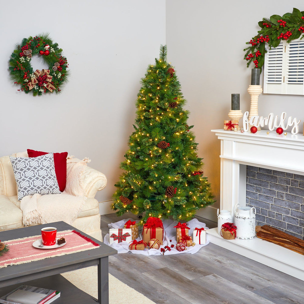 6’ Montana Mixed Pine Artificial Christmas Tree with Pine Cones, Berries and 350 Clear LED Lights-Christmas Tree-Parc Decor