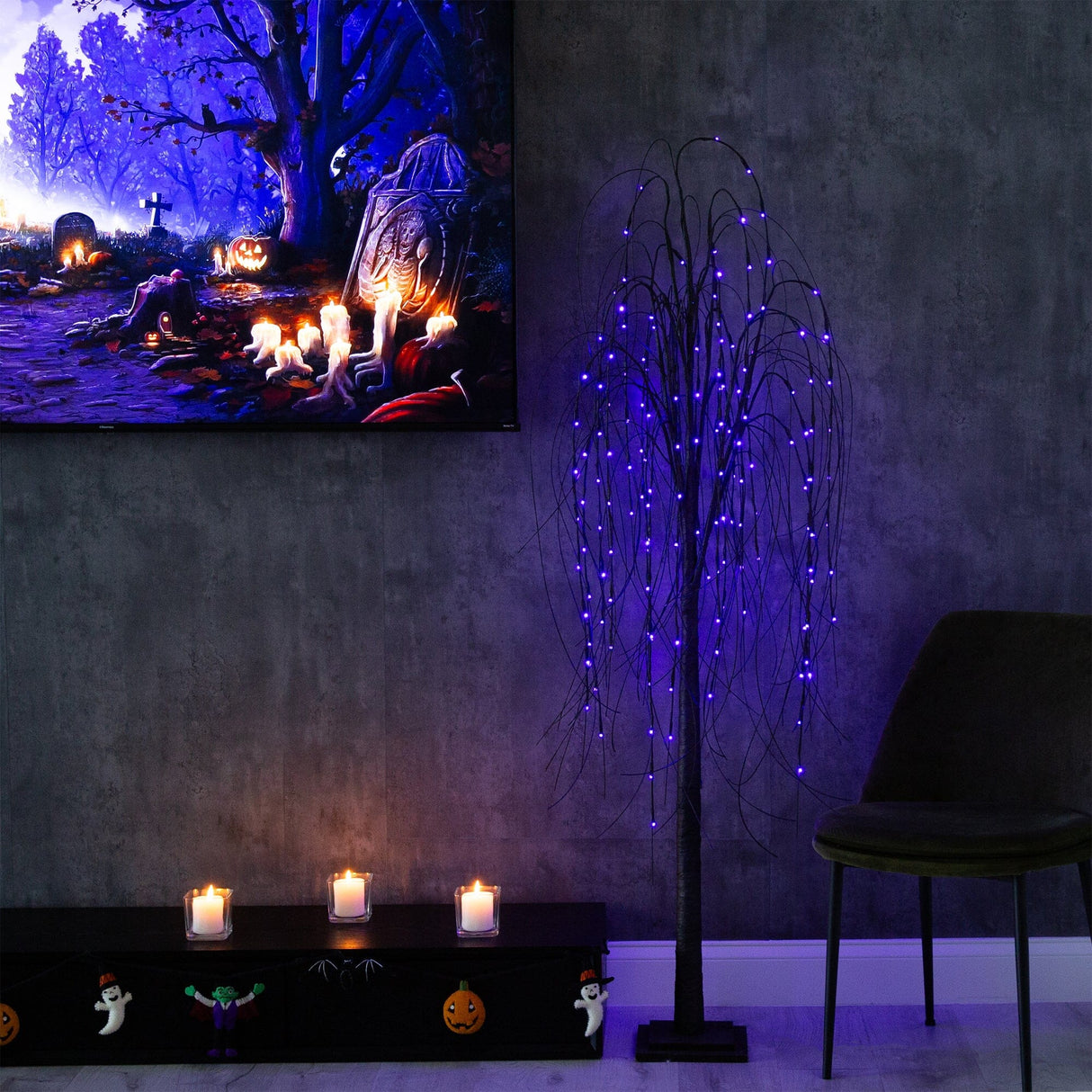 6’ Pre-Lit Halloween Black Willow Artificial Tree with 160 Orange & Purple LED Lights-Tree-Parc Decor