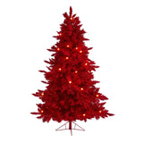 6' Red Flocked Fraser Fir Artificial Christmas Tree with 350 Red Lights, 33 Globe Bulbs and 748 Bendable Branches-Christmas Tree-Parc Decor
