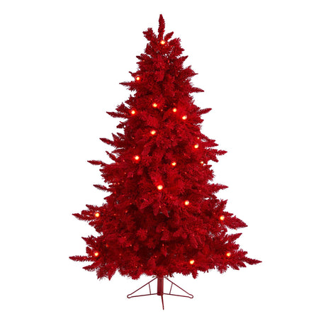 6' Red Flocked Fraser Fir Artificial Christmas Tree with 350 Red Lights, 33 Globe Bulbs and 748 Bendable Branches-Christmas Tree-Parc Decor