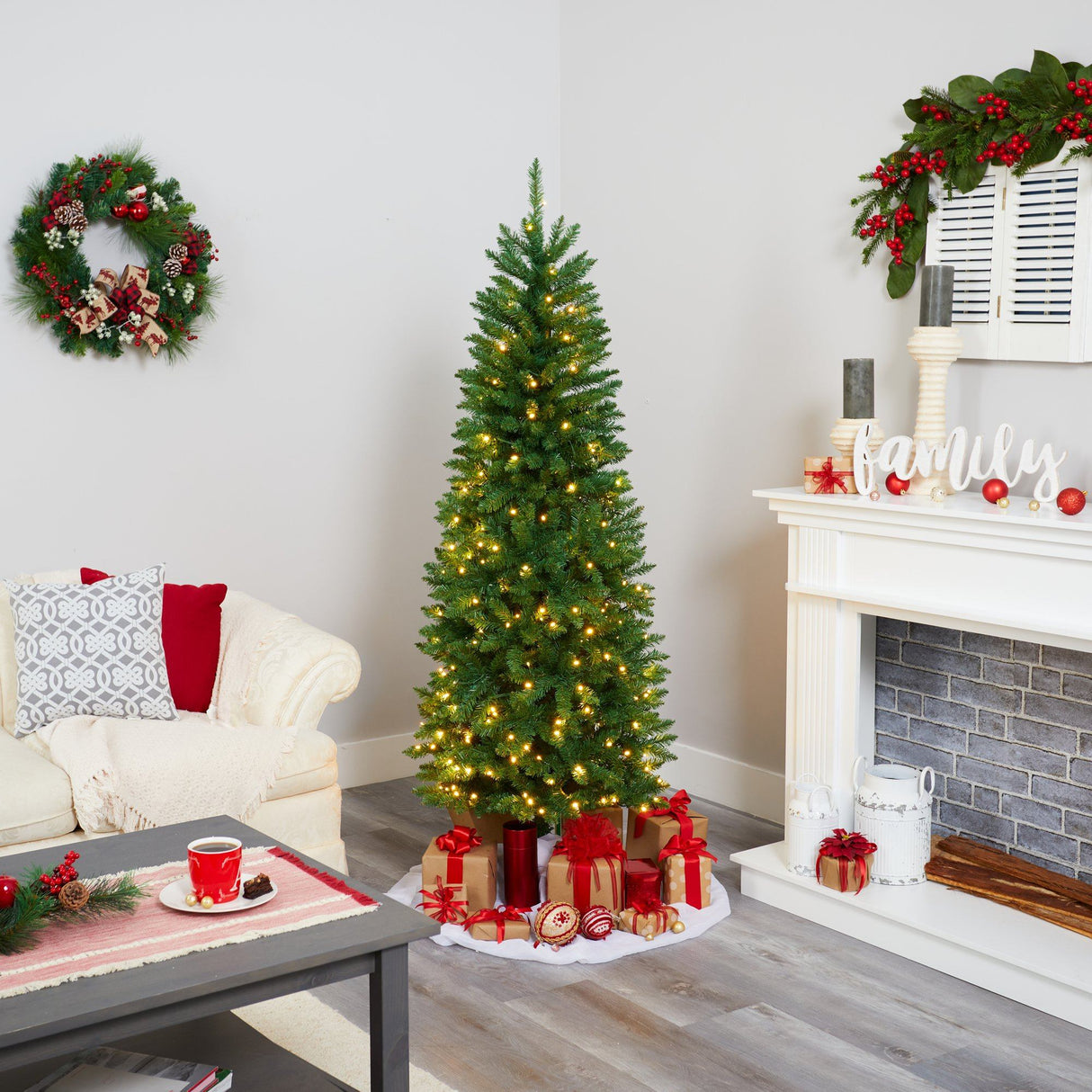 6’ Slim Green Mountain Pine Artificial Christmas Tree with 250 Clear LED Lights-Christmas Tree-Parc Decor