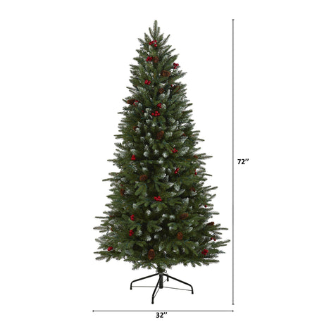 6' Snow Tipped Portland Spruce Artificial Christmas Tree with Frosted Berries and Pinecones with 300 Clear LED Lights-Christmas Tree-Parc Decor