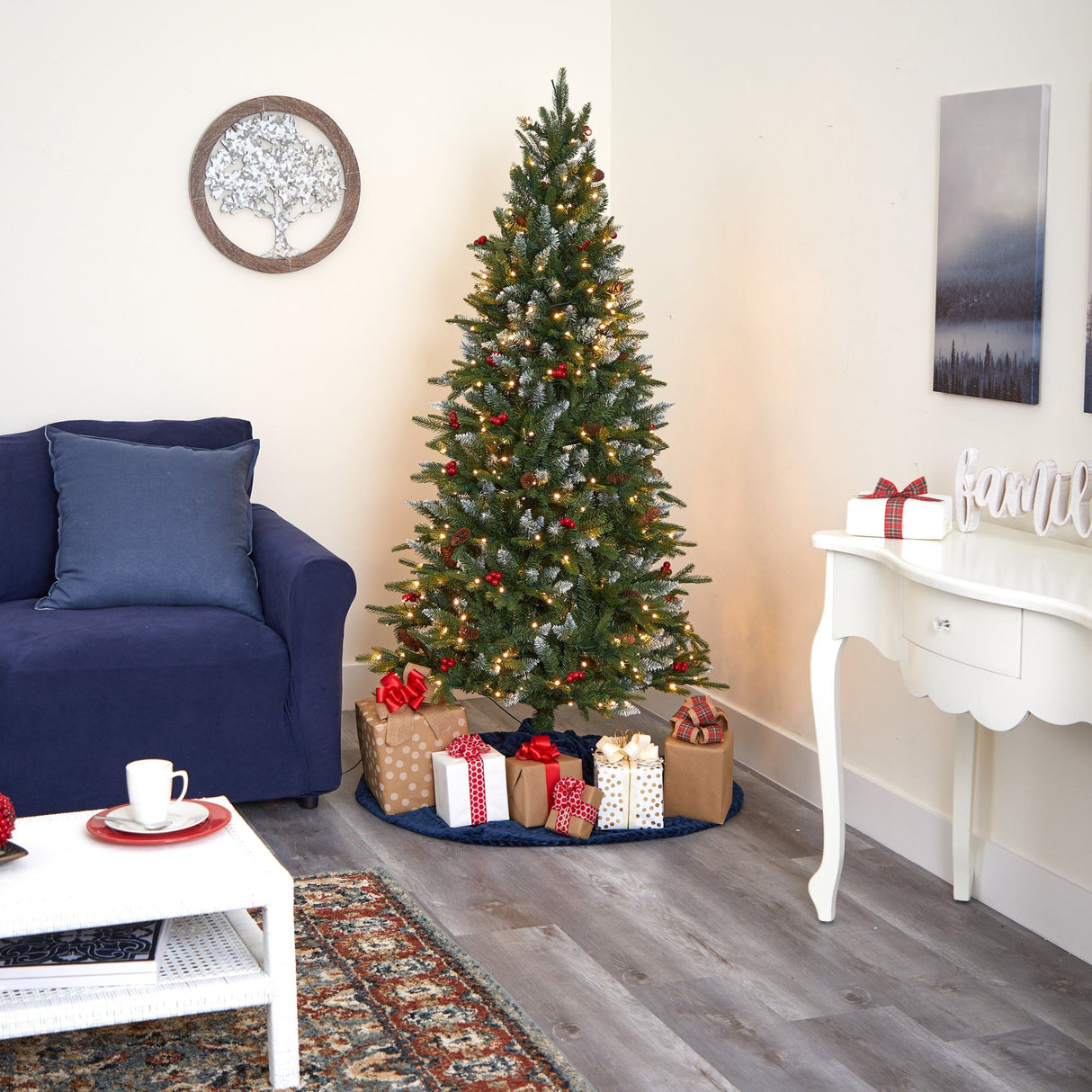 6' Snow Tipped Portland Spruce Artificial Christmas Tree with Frosted Berries and Pinecones with 300 Clear LED Lights-Christmas Tree-Parc Decor