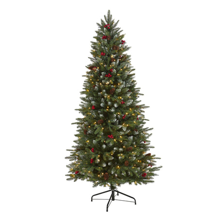 6' Snow Tipped Portland Spruce Artificial Christmas Tree with Frosted Berries and Pinecones with 300 Clear LED Lights-Christmas Tree-Parc Decor