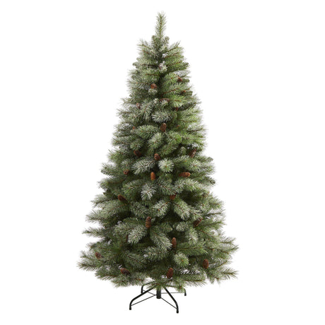 6’ Snowed French Alps Mountain Pine Artificial Christmas Tree with 583 Bendable Branches and Pine Cones-Christmas Tree-Parc Decor