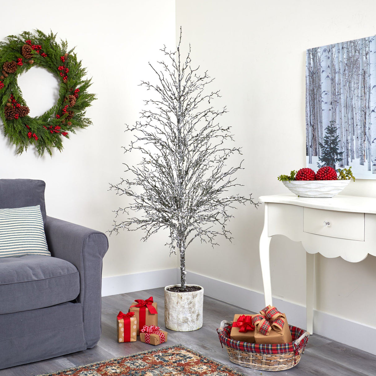 6’ Snowed Twig Artificial Christmas Tree in Decorative Planter-Christmas Tree-Parc Decor