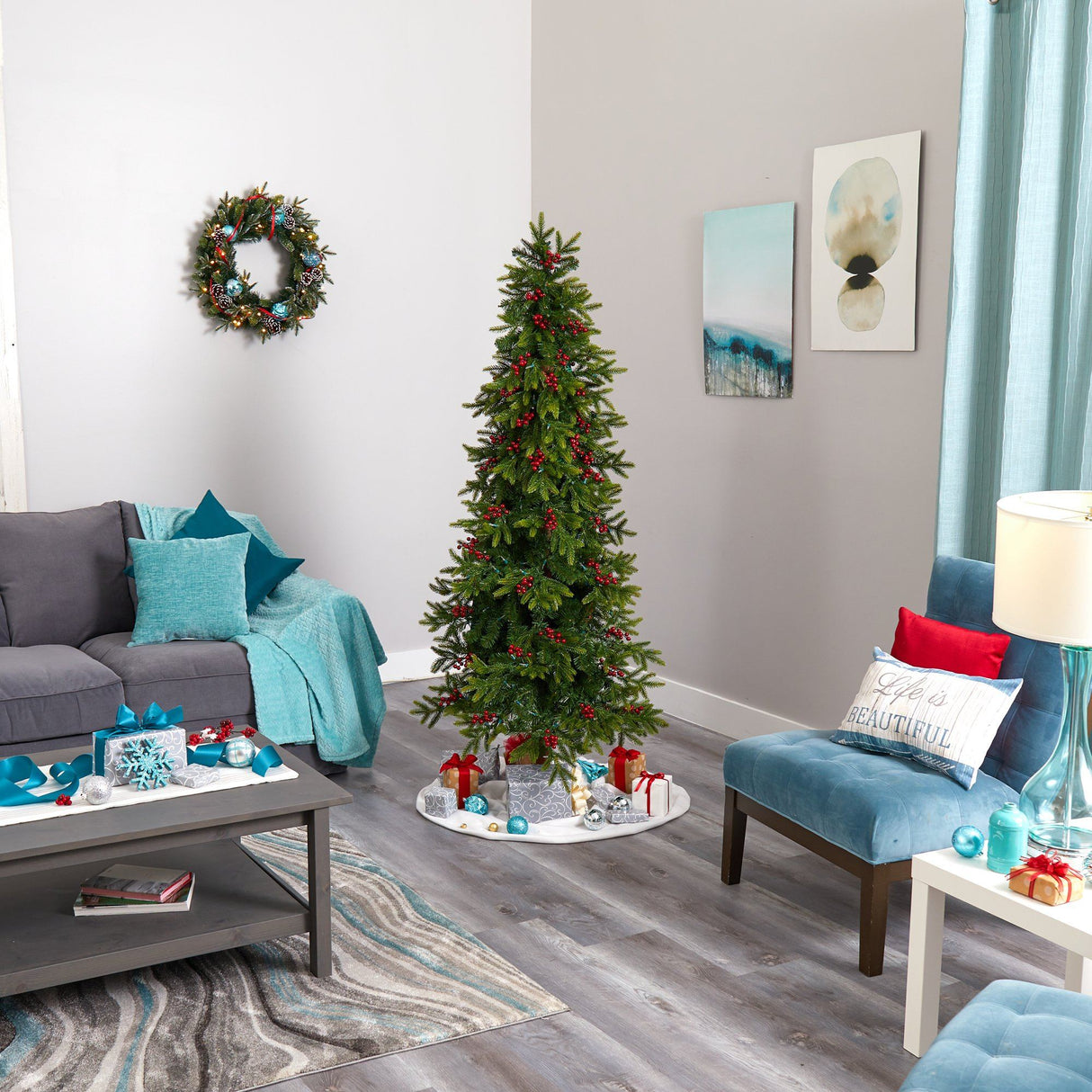 6' Victoria Fir Artificial Christmas Tree with 250 Multi-Color (Multifunction) LED Lights, Berries and 415 Bendable Branches-Christmas Tree-Parc Decor