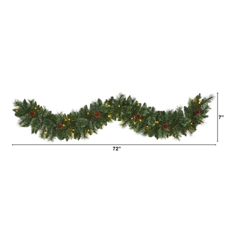 6’ White Mountain Pine Artificial Garland with 35 White Warm LED Lights and Pinecones-Garland-Parc Decor