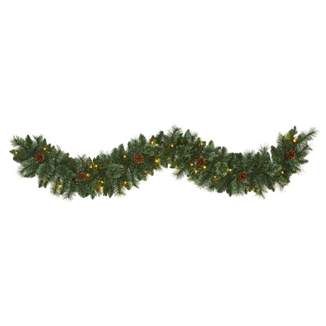 6’ White Mountain Pine Artificial Garland with 35 White Warm LED Lights and Pinecones-Garland-Parc Decor