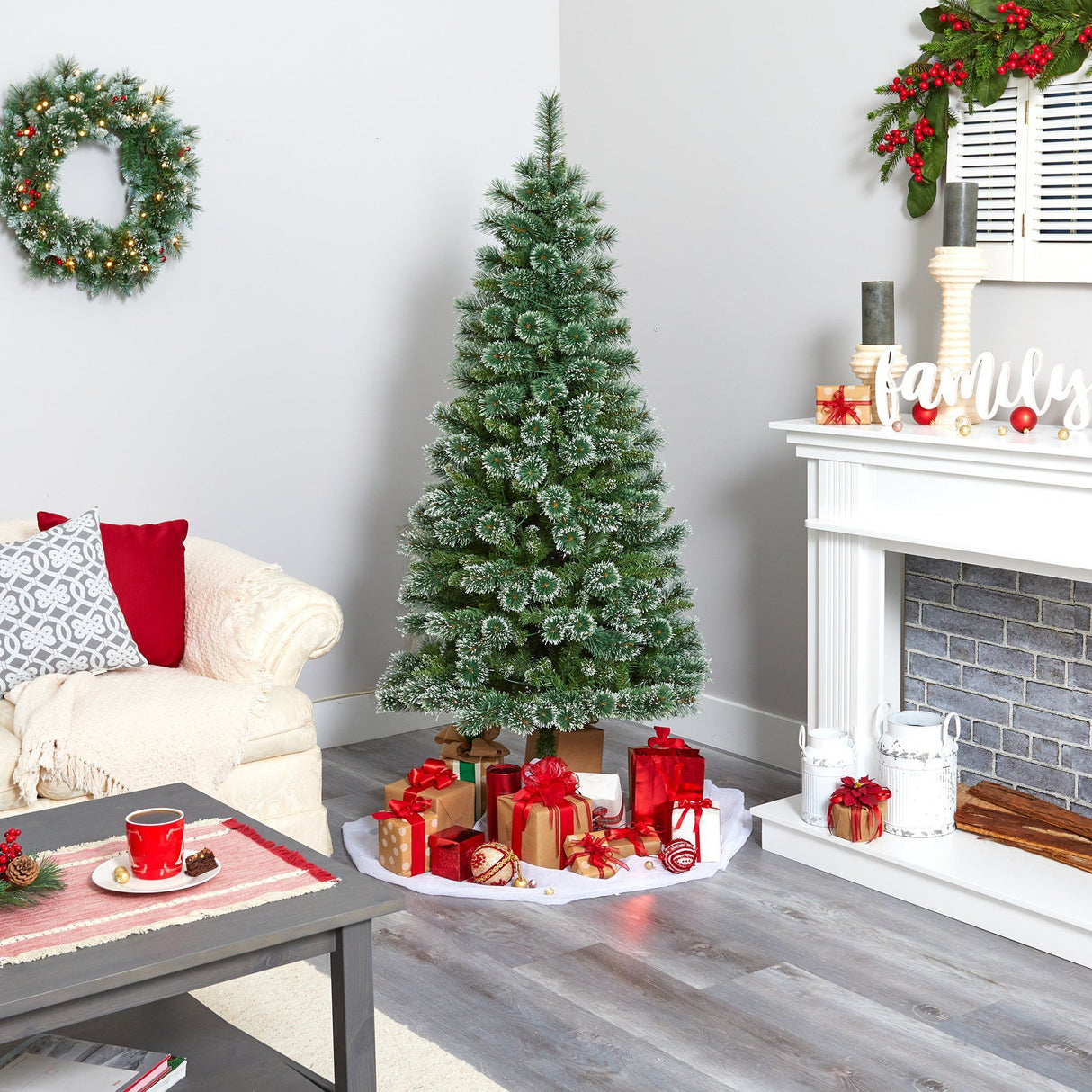 6’ Wisconsin Slim Snow Tip Pine Artificial Christmas Tree with 300 Clear LED Lights-Christmas Tree-Parc Decor