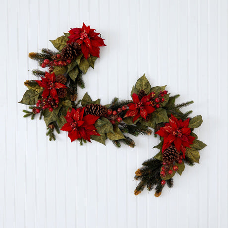 60" Poinsettia & Berry Garland-Garland-Parc Decor